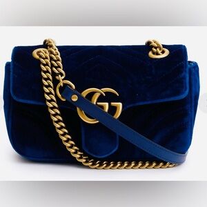 Gucci Cobalt Blue Velvet and Gold Small Marmont Shoulder Bag Authentic